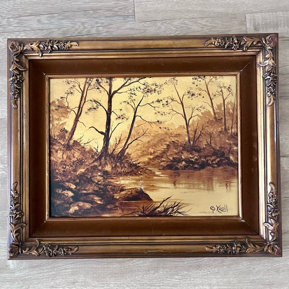 Vtg Oil Painting FALL LAKE TREES‎ Embossed Frame Signed By G Kroll 22”x17.75”